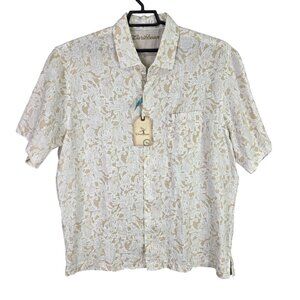 Mens Caribbean Beige 100% Linen Button Up Shirt Short Sleeve Botanical Print XL